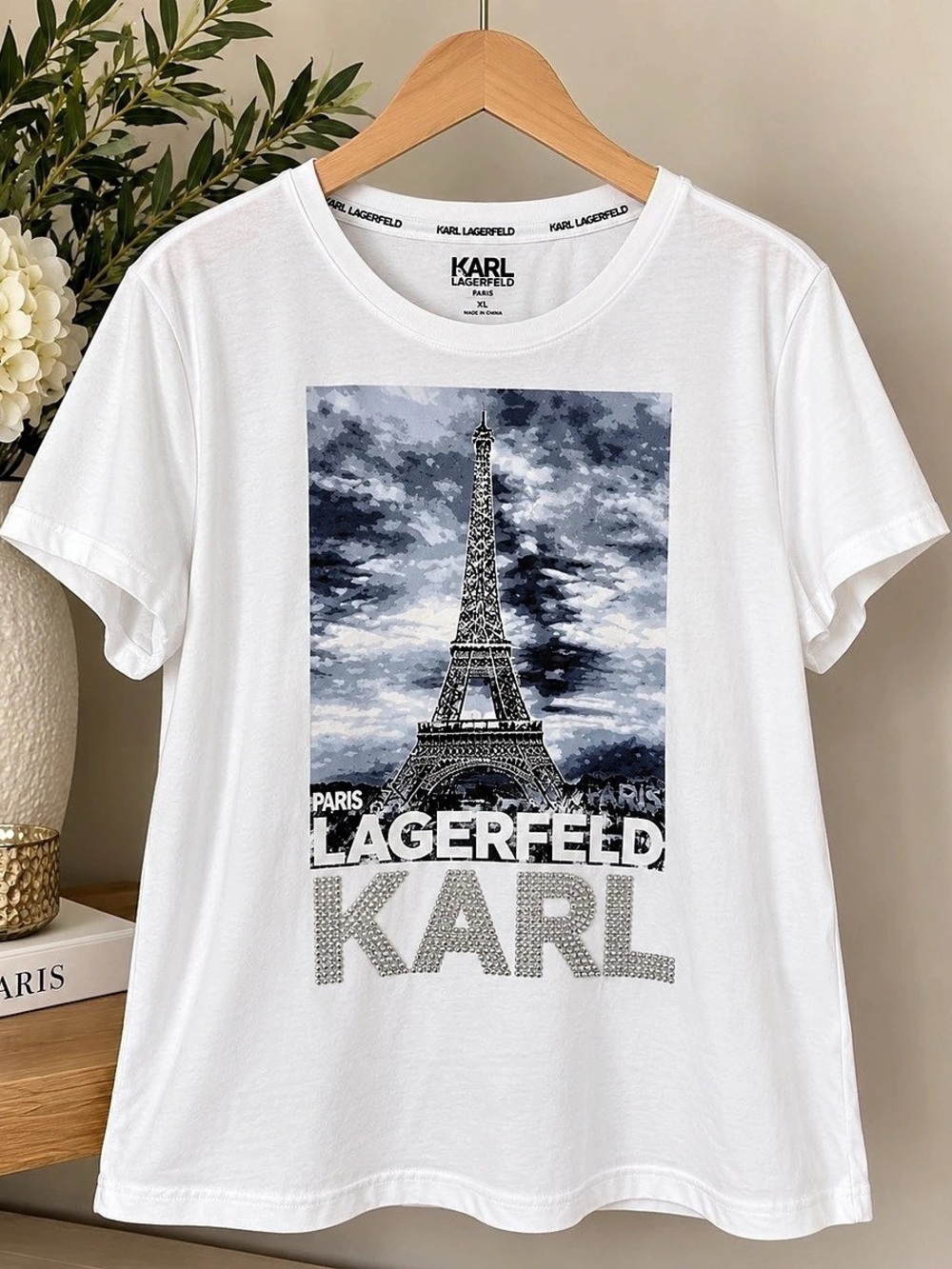 Karl Lagerfeld Eiffel Tower Graphic Tee in White & Blue Like New